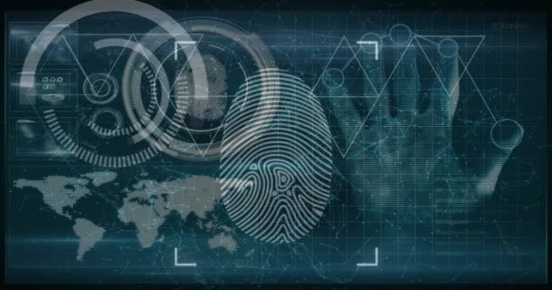Digitalização Mão Humana Sobre Impressão Digital Scanner Biométrico Contra Mapa — Vídeo de Stock