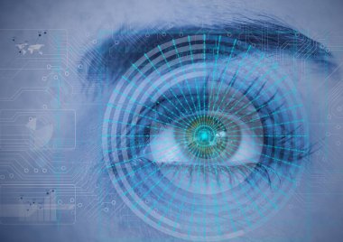 Yuvarlak tarayıcı ve mikro işlemci bağlantıları dişi insan gözüne karşı. siber güvenlik ve dijital arayüz teknolojisi kavramı