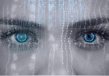 Kadın gözlerini kapatmaya karşı ikili kodlama veri işleme sistemi. siber güvenlik ve dijital arayüz teknolojisi kavramı