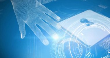 Mavi arka planda insan eliyle asma kilit ikonları ve veri işleme simgeleri var. siber güvenlik ve teknoloji kavramı