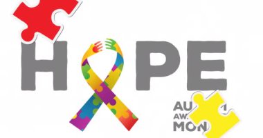 Kırmızı ve sarı yapboz parçalarının beyaz arkaplandaki umut otizmi farkındalığı üzerine animasyonu. otizm ve öğrenme zorlukları destek ve farkındalık kavramı dijital olarak oluşturulmuş video.