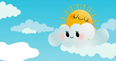 Mavi gökyüzünde beyaz bulutların üzerinde uyuyan güneşin animasyonu. Doğa ve hava konsepti dijital olarak oluşturulmuş video.