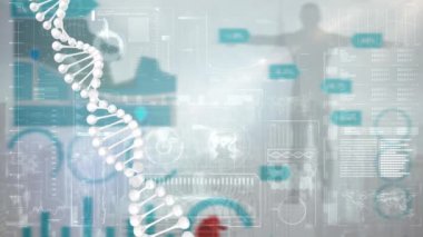 Gri arka planda tıbbi veri işleme ile dijital arayüz üzerinde dönen DNA yapısı. tıbbi araştırma ve teknoloji konsepti