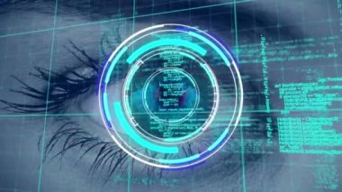 Veri işleme ve neon yuvarlak tarayıcı kadın gözünü kapatıyor. siber güvenlik ve teknoloji kavramı