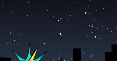 Geceleri şehrin üzerinde uçan retro konuşma baloncuklarının canlandırması. Klasik çizgi roman süper kahraman konsepti dijital olarak oluşturulmuş video.