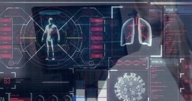 Bilgisayar kullanan kadın doktorlara karşı tıbbi veri işleme ile dijital arayüz. tıbbi araştırma ve teknoloji konsepti