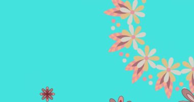 Mavi arka planda dönen bahar çiçeklerinin animasyonu. Paskalya kutlaması, ilkbahar ve gelenek konsepti dijital olarak oluşturulmuş video.