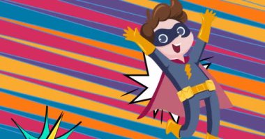 Renkli çapraz çizgilerin üzerinde uçan süper kahramanla retro konuşma baloncuklarının animasyonu. Klasik çizgi roman süper kahraman konsepti dijital olarak oluşturulmuş video.