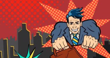 Kırmızı zemin üzerinde uçan retro karikatür konuşma baloncukları ve süper kahraman animasyonu. Klasik çizgi roman süper kahraman konsepti dijital olarak oluşturulmuş video.