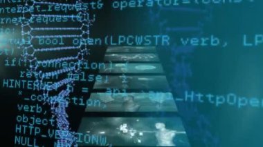 DNA yapısı, mavi arka planda tıbbi veri işleme ekranlarında dönüyor. tıbbi araştırma ve teknoloji konsepti