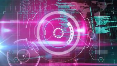 Pembe arka planda veri işleme ile dijital arayüz üzerinde yuvarlak tarayıcı. bilgisayar arayüzü ve teknoloji kavramı