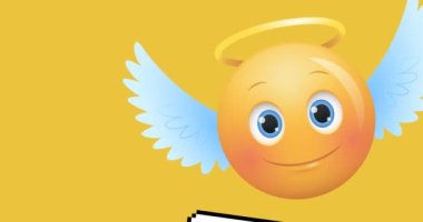 Kanatları ve sarı arka planda klasik konuşma baloncukları olan gülümseyen melek emojisi animasyonu. dijital arayüz ve sosyal medya konsepti dijital olarak oluşturulmuş video.