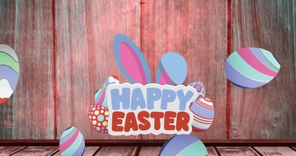 Animacja Szczęśliwego Tekstu Wielkanocnego Uszami Króliczka Wielkanocnego Dekorowanymi Pisankami Drewnianym — Wideo stockowe