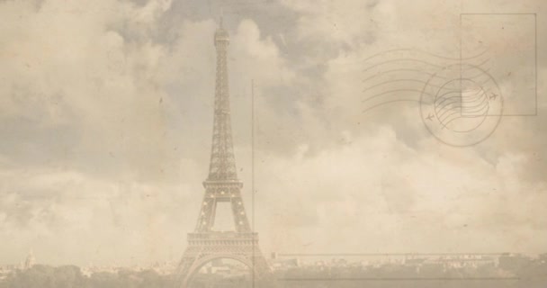 Animacja Paryskiej Wieży Nad Stemplowaną Kopertą Tradycyjna Koncepcja Korespondencji Poczty — Wideo stockowe
