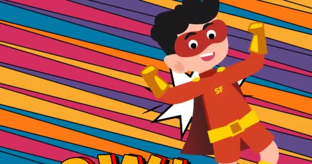 Animatie Van Retro Cartoon Spraakbellen Superheld Vliegen Kleurrijke Diagonale Strepen — Stockvideo