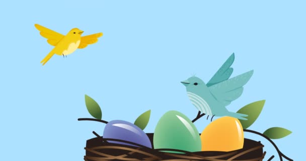 Animation Two Flying Birds Flying Decorated Easter Eggs Nest Blue — Stock Video