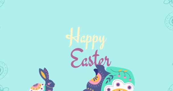 Animace Veselého Velikonočního Textu Velikonočními Zajíčky Kroužkem Modrém Pozadí Velikonoční — Stock video