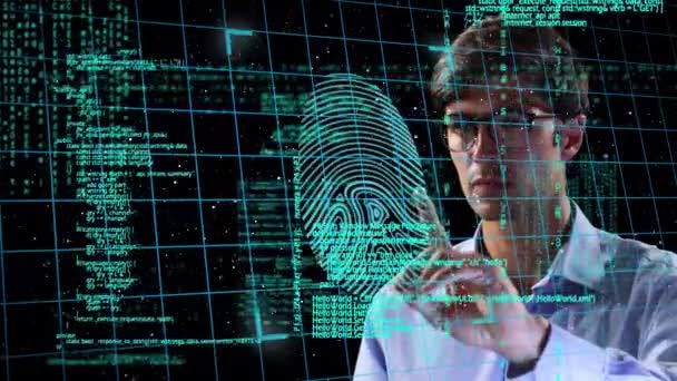 Ikony Blokady Bezpieczeństwa Skaner Biometryczny Linii Papilarnych Przeciwko Człowiekowi Dotykającemu — Wideo stockowe