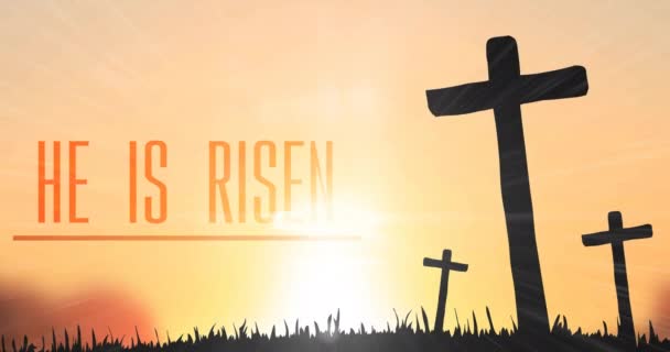 Animation Risen Text Three Christian Crosses Glow Orange Background Easter — Stockvideo