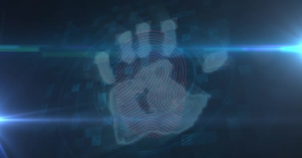 人間の手スキャンのデジタルアニメーション青の背景に生体指紋スキャナ上 サイバーセキュリティとテクノロジーの概念 — ストック動画
