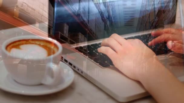 Animación Mujer Escribiendo Teclado Computadora Con Pilas Cajas Almacén Concepto — Vídeos de Stock