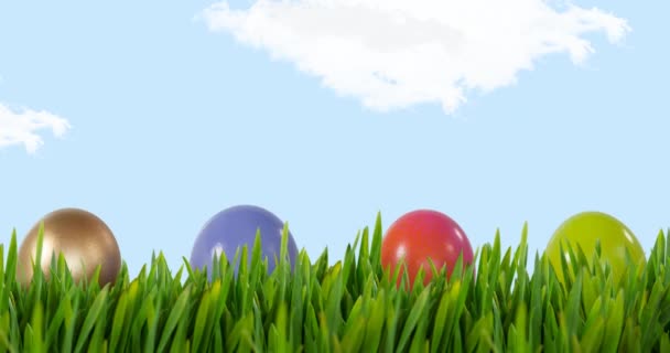 Animación Huevos Pascua Hierba Sobre Cielo Azul Tradición Pascua Concepto — Vídeos de Stock