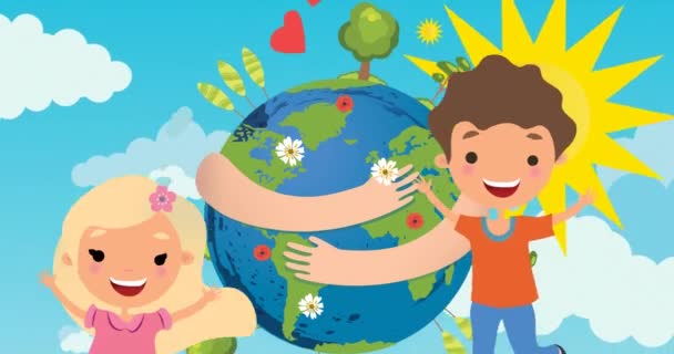 Animation Pictogram Boy Girl Planet Earth Arms Sun Blue Background — Stock Video