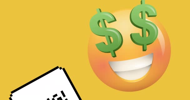 Animação Emoji Sorridente Com Símbolos Dólar Americano Verde Fundo Amarelo — Vídeo de Stock