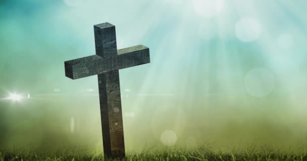 Animation Christian Cross Multiple Glowing Points Grass Green Background Easter — Stock video