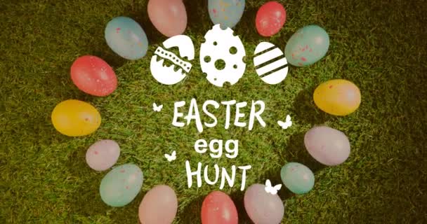Animation Easter Egg Hunt Text Multi Coloured Easter Eggs Grass — Stock Video