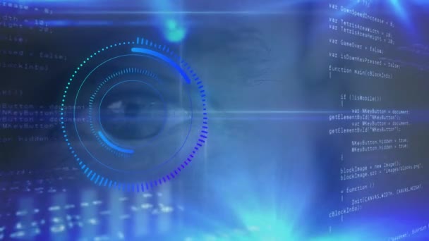 Animation Numérique Scanner Rond Spot Lumineux Sur Fond Bleu Interface — Video