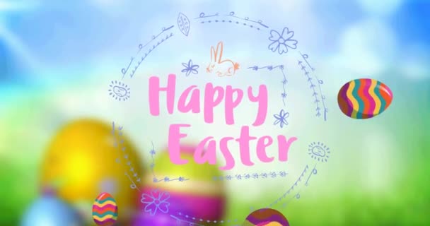 Animación Texto Feliz Pascua Marco Redondo Sobre Huevos Pascua Decorados — Vídeos de Stock