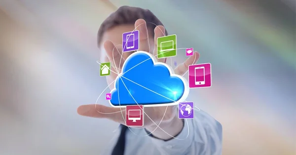 Σύνθεση Του Digital Blue Cloud Δίκτυο Ψηφιακών Εικόνων Στο Χέρι — Φωτογραφία Αρχείου