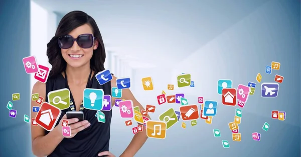 Composition Network Digital Icons Smiling Woman Using Smartphone Global Technology Stock Photo