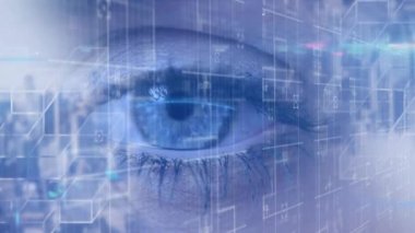Animation of data processing on computer screens over woman's eye and cityscape. digital interface, global technology and networking concept digitally generated video.