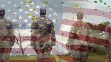 Amerikan bayrağı ve sıra sıra askerlerin üzerine düşen konfeti animasyonu. ABD vatanseverliği, demokrasi ve kutlama konsepti dijital olarak oluşturulmuş video.