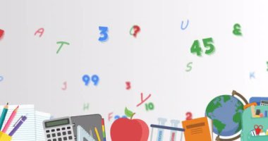 Animation of numbers and letters changing with education icons on white background. learning, knowledge and education concept digitally generated video.