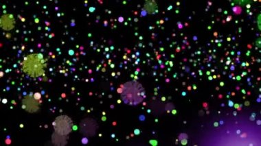 Siyah zemin üzerinde birden fazla renkli ışık lekesi olan covid 19 hücrenin animasyonu. küresel koronavirüs salgını ve dijital olarak üretilen sağlık konsepti.