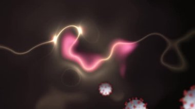 Arka planda ışık yollarının üzerinde yüzen çoklu çoklu covid 19 hücrenin animasyonu. küresel koronavirüs salgını konsepti dijital olarak oluşturulmuş video.
