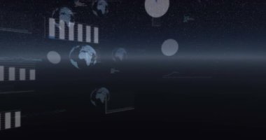 Evrenin etrafında dönen kürelerin animasyonu, istatistik kaydı ve veri işlemesi. Dijital olarak oluşturulan bağlantı ve teknoloji ağı.