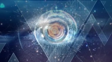 Round scanner and spinning globe against closeup of human eye on blue background. cyber security and technology concept