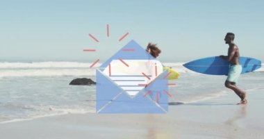Animation of email envelope digital icon over couple running with surfboards on beach. digital interface, social media and global technology concept digitally generated video.