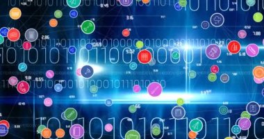 Arka plandaki ikili kodlama üzerine dijital simgelerle bağlantı ağının animasyonu. küresel teknoloji, dijital arayüz, bağlantı ve ağ konsepti dijital olarak oluşturulmuş video.