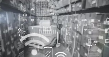 Animation of financial data processing with digital icons over warehouse in background. global finances, business and connection concept digitally generated video.