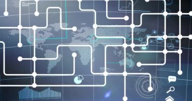 Arkadaki dünya haritası üzerinden bağlantı ağının animasyonu. küresel teknoloji, dijital arayüz, bağlantı ve ağ konsepti dijital olarak oluşturulmuş video.