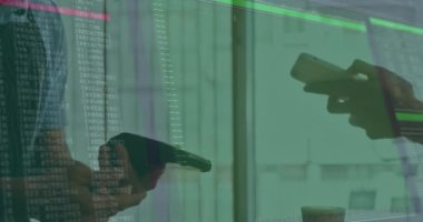 Animation of data processing on computer screen, person making contactless payment with smartphone. digital interface, global technology and connection concept digitally generated video.