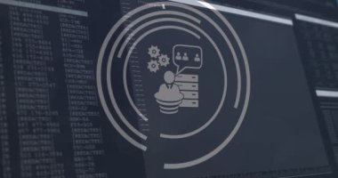 Bilgisayar ekranları üzerinden dijital simgelerin ve veri işlemenin animasyonu. dijital arayüz, küresel teknoloji ve bağlantı konsepti dijital olarak oluşturulmuş video.