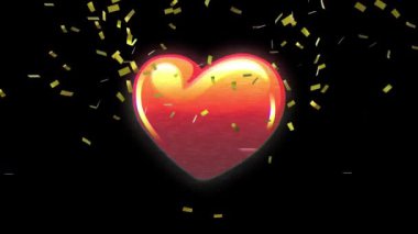 Animation of gold confetti falling over heart emoticon on black background. social media, digital interface, global connection and celebration concept digitally generated video.