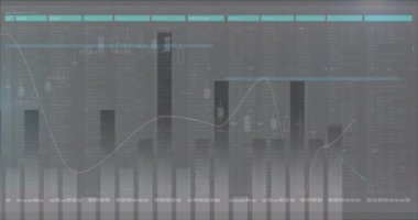 Ekranda veri işleme animasyonu ve gri arkaplanda istatistik kaydı. dijital arayüz, küresel teknoloji ve bağlantı konsepti dijital olarak oluşturulmuş video.