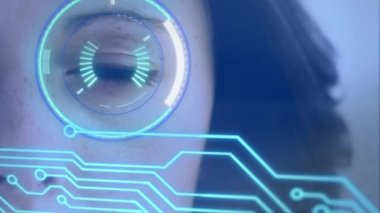 Animation of scope scanning and computer circuit board elements over woman's eye. digital interface, identity recognition and global technology concept digitally generated video.